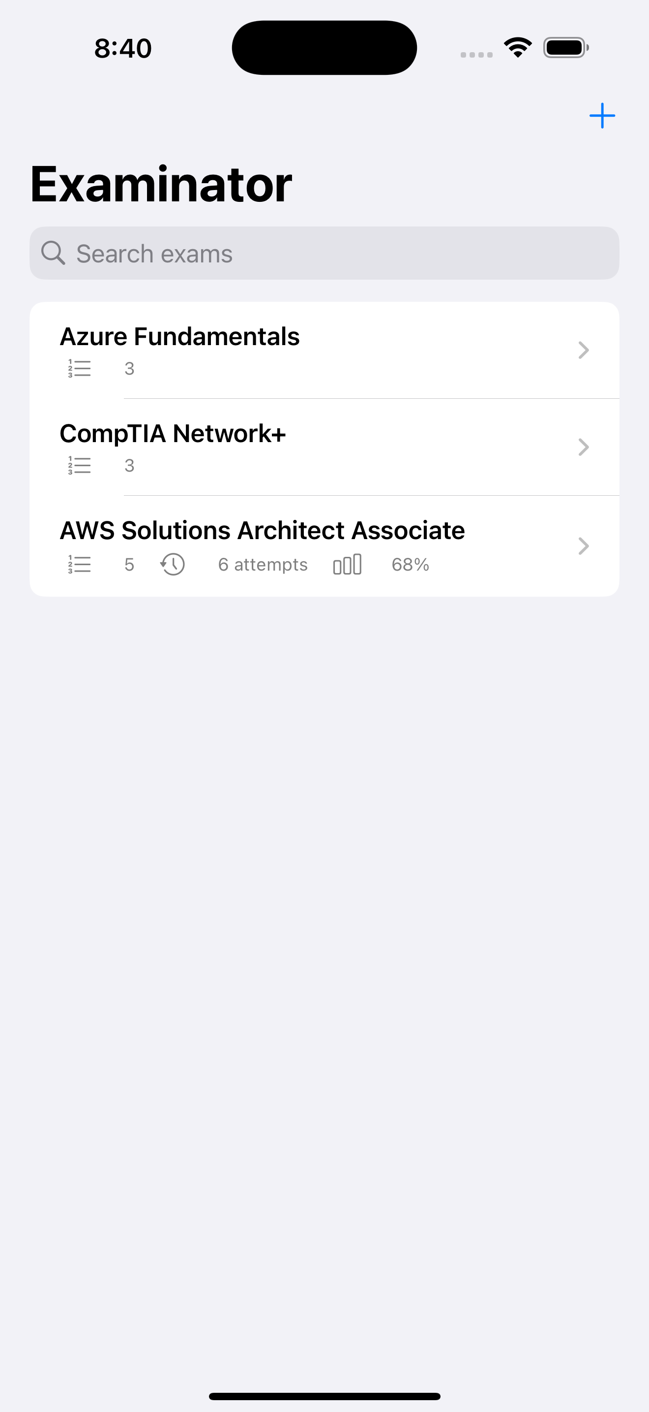 Exam library with search and progress